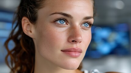 Close-Up Portrait of Attractive Young Woman with Blue Eyes and Natural Makeup