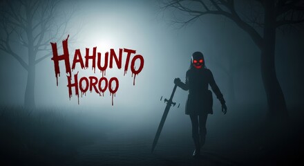 Obraz premium A dark and foggy forest scene with a mysterious figure holding a sword and glowing red eyes, with the title 