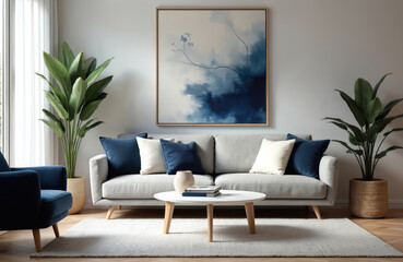 Modern living room interior featuring comfortable grey sofa adorned with navy blue, cream pillows. White coffee table with books rests on textured rug. Two large green plants frame scene, abstract