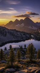 Obraz premium Majestic Mountain Lake at Sunset with Golden Alpenglow and Vibrant Sky Reflections