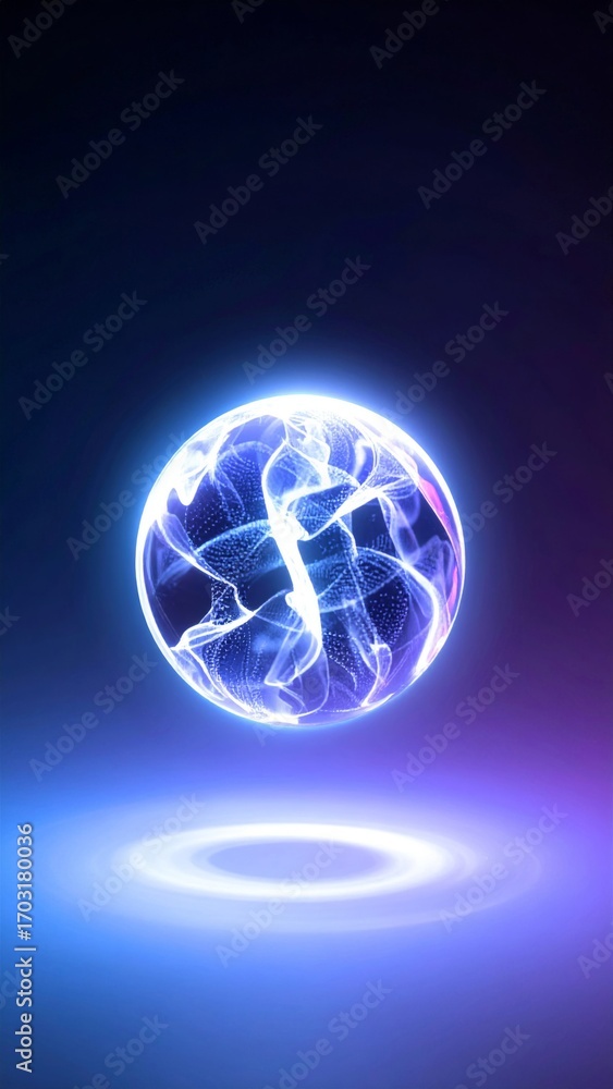 Poster luminous blue orb with fractured interior floating above a glowing circle on gradient background