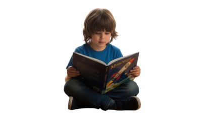 Little boy reading a book with a rocket on the cover isolated PNG with Transparent Background