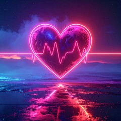 Neon heart with EKG line