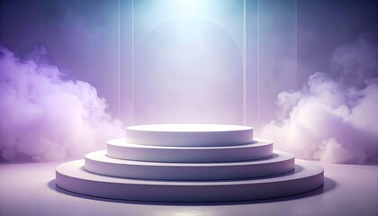 Illuminated White Tiered Podium with Smoke Against a Light Purple Background for Product Display and