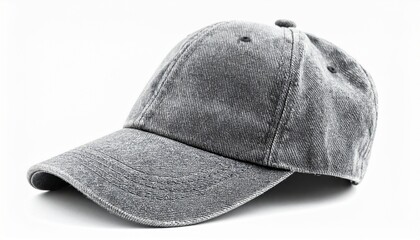 Gray Textured Baseball Cap on White Background in Soft Studio Lighting