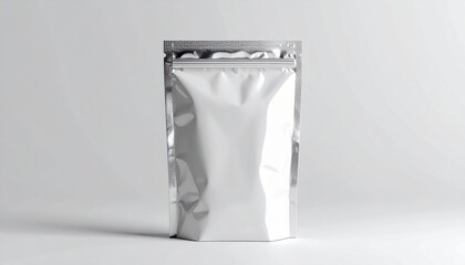 Silver Foil Stand Up Pouch for Food Product Packaging Mockup on White Backdrop