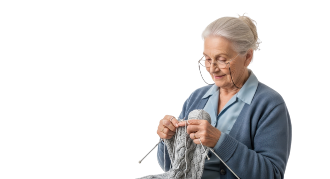 Senior woman knitting a woolen scarf isolated PNG with Transparent Background