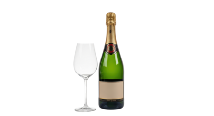Champagne bottle with empty glass for celebration isolated PNG with Transparent Background