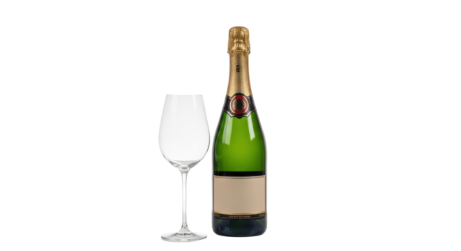 Champagne bottle with empty glass for celebration isolated PNG with Transparent Background