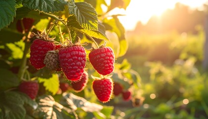 Ripe raspberries on vines in sunlight