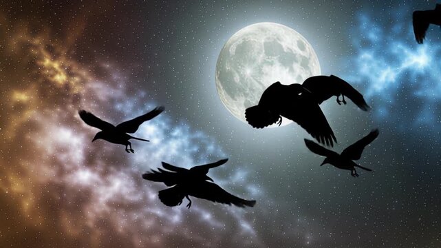 Silhouetted flock of raven crows flying across a mystical night sky with a full moon and colorful clouds