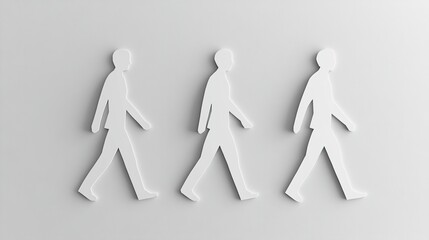 Three white paper figures, each representing a person walking in the same direction on a light grey background.