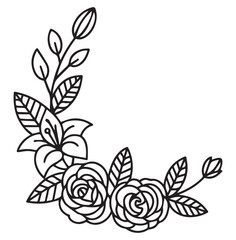 Black and white floral corner design with roses and lilies