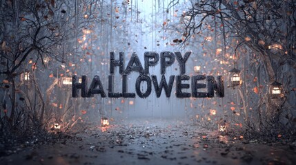 Spooky Happy Halloween forest scene with glowing lanterns and falling leaves creates an eerie atmosphere
