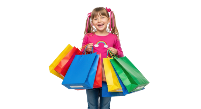Excited girl holding many shopping bags isolated PNG with Transparent Background