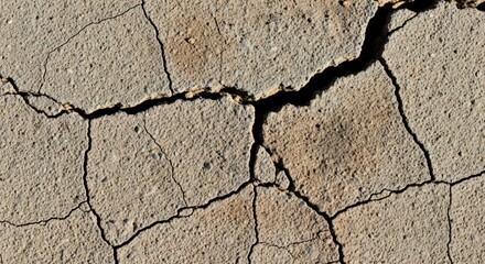 Fototapeta premium Close-up view of dry, cracked earth, showing intricate patterns formed by desiccation.