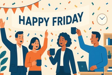 Happy Friday office celebration with diverse cartoon characters, banner, mugs, and confetti in cheerful workplace illustration emphasizing positivity