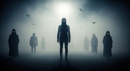 A group of shadowy figures with glowing eyes stand in a foggy, eerie landscape with birds flying overhead.