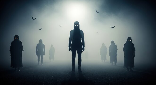 A group of shadowy figures with glowing eyes stand in a foggy, eerie landscape with birds flying overhead.