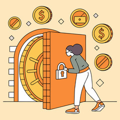 Cartoon illustration of a person locking a vault, conveying a message of security and protection, A conceptual illustration of financial security and asset protection with a vault