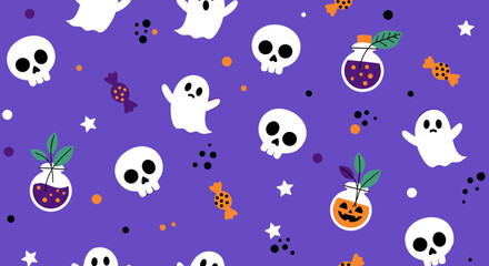 Halloween Pattern with Ghosts Skulls and Potions.