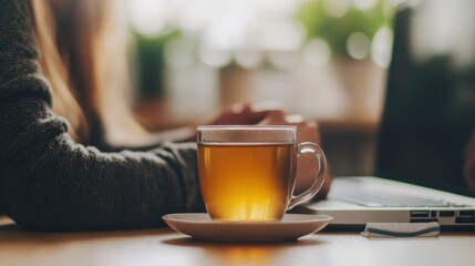 a break from work, stretching at their desk with a cup of herbal tea, a minimalist workspace, blurred background