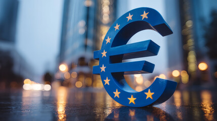 Monumental Blue Euro Symbol Statue with Golden Stars in Frankfurt, Urban Setting
