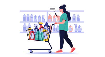 Woman Shopping for Cleaning Supplies in Supermarket Aisle.