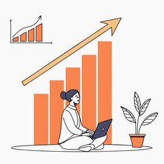 Illustration of a Woman Working on a Laptop with Growth Charts,Businesswoman Analyzing Data for Success, Achieving Goals