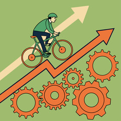 Cyclist pedaling on an upward trending arrow supported by gears as a metaphor for teamwork leading to success, Business growth supported by teamwork symbolized in illustration