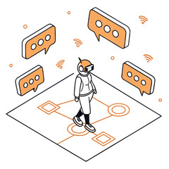Futuristic Chat: VR User Navigating Digital Communication, Metaverse Communication: Robot Avatar Exploring Virtual Conversations