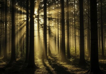 Obraz premium Ethereal Golden Sun Rays Piercing a Misty Forest, Creating a Majestic and Tranquil Woodland Scene with Towering Trees at Dawn
