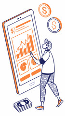 Financial Analysis on Mobile Device with Money, Man analyzing financial data on tablet with money around and wearing a cap