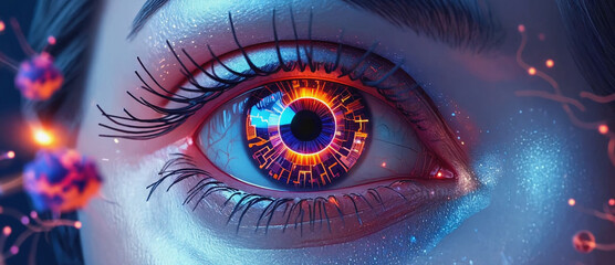 Digital Gaze: A captivating image of a futuristic eye, radiating with intricate circuits, vivid hues, and the essence of cybernetic fusion.