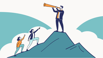 Cartoon Illustration of Team Climbing a Mountain to Achieve Visionary Goals, Teamwork Illustration Depicting Leadership, Vision, and Collaborative Effort