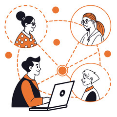 Illustration of interconnected professionals collaborating remotely via video conference, Visual depiction of online teamwork and virtual communication in a modern workspace