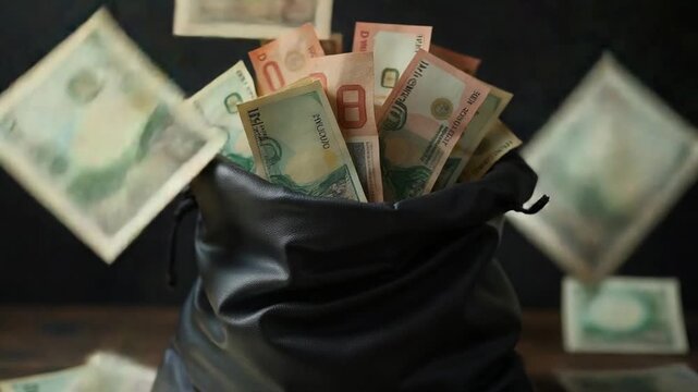 A black bag full of money in Russian currency. Concept on the topic of corruption and impunity of financial crimes in Russia. Russian money in the bag