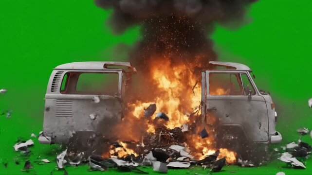 A white and blue van explodes, then burns, on a green screen.