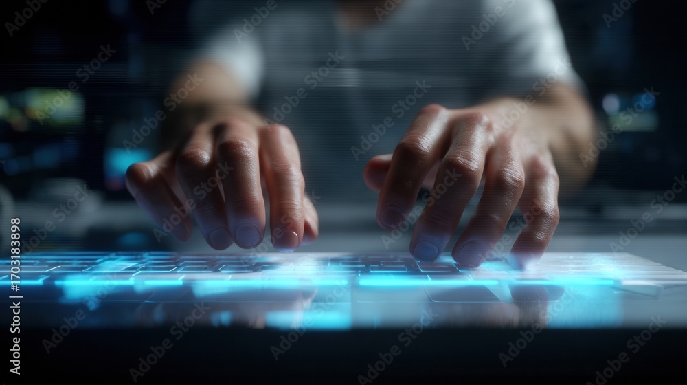 Poster close up shot of hands typing on futuristic, illuminated keyboard, showcasing advanced technology an