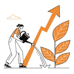Person watering plants by upward-pointing arrow representing growth and investment success, Investment growth concept with a person nurturing a plant representing returns
