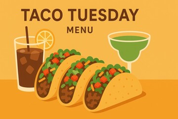 Taco Tuesday menu illustration with tacos, soda, and margarita in flat design emphasizing festive food, dining, and celebration