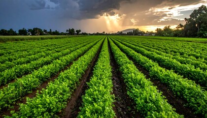 Obraz premium Sun Rays Break Through Storm Clouds Over a Fertile Farm Field.