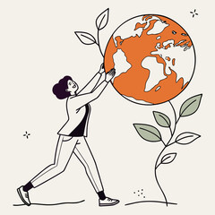 Woman Holding Earth Globe with Plants, Emphasizing Environmental Stewardship and Sustainable Living, Visual Metaphor of a Sustainable Future for Earth 