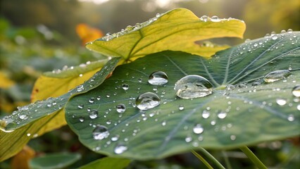 Macro close up of vibrant green leaves with clear water droplets after rain leaf nature