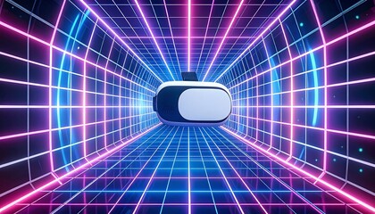 VR headset floats in a futuristic neon-lit tunnel of pink and blue lines, creating a digital perspective