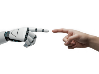 White cyborg robotic hand pointing his finger to human hand with stretched finger - cyber la creation Isolated on white and transparent background
