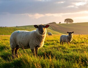 Sheep in a grassy field at sunset