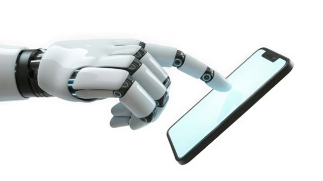 White cyborg robotic hand pointing his finger to a smartphone Isolated on white and transparent background - Powered by Adobe