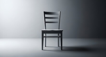 A solitary wooden chair is dramatically lit in a minimalist setting, casting a long shadow.
