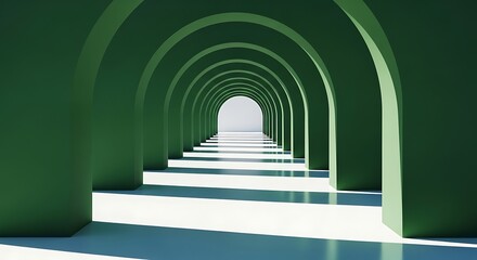 A symmetrical hallway with repeating green arches leading to a bright white light.